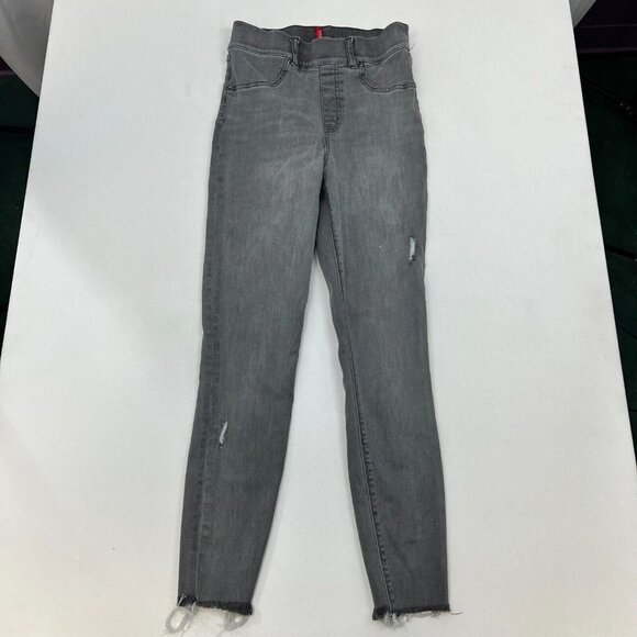Spanx Womens Gray Light Wash Denim Distressed Mid Rise Skinny Jeggings Size S - Picture 1 of 8
